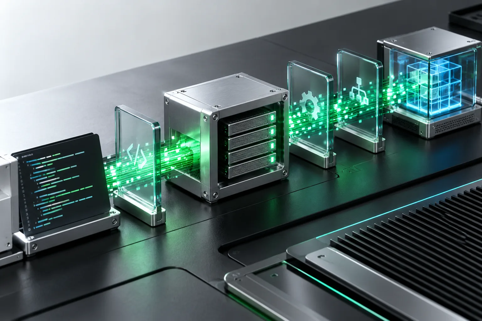 Generated illustration of modular compute gates and an isolated coding workflow.