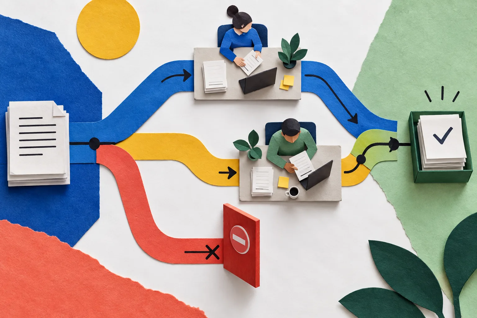 Generated editorial illustration in cut paper: parallel work and a stopped action branch; not Microsoft software or an implementation diagram.