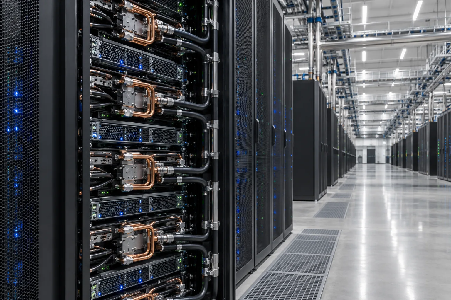 Generated illustration of accelerator servers and cooling infrastructure, not a real vendor facility.