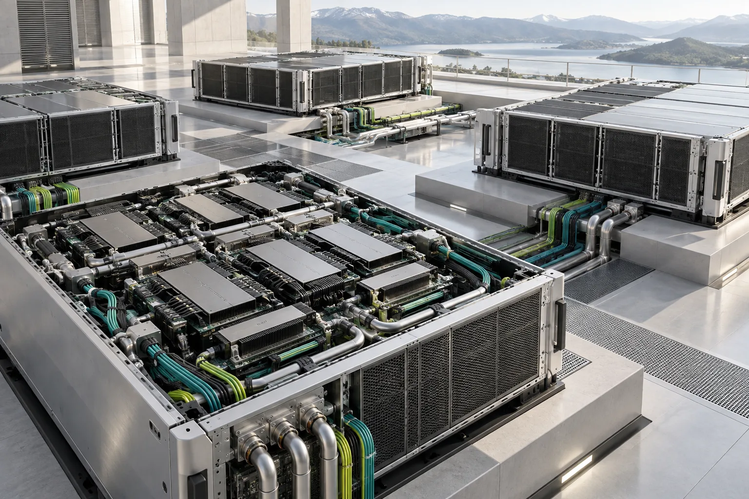 Generated illustration of connected accelerator trays and cooling channels; not a vendor facility.