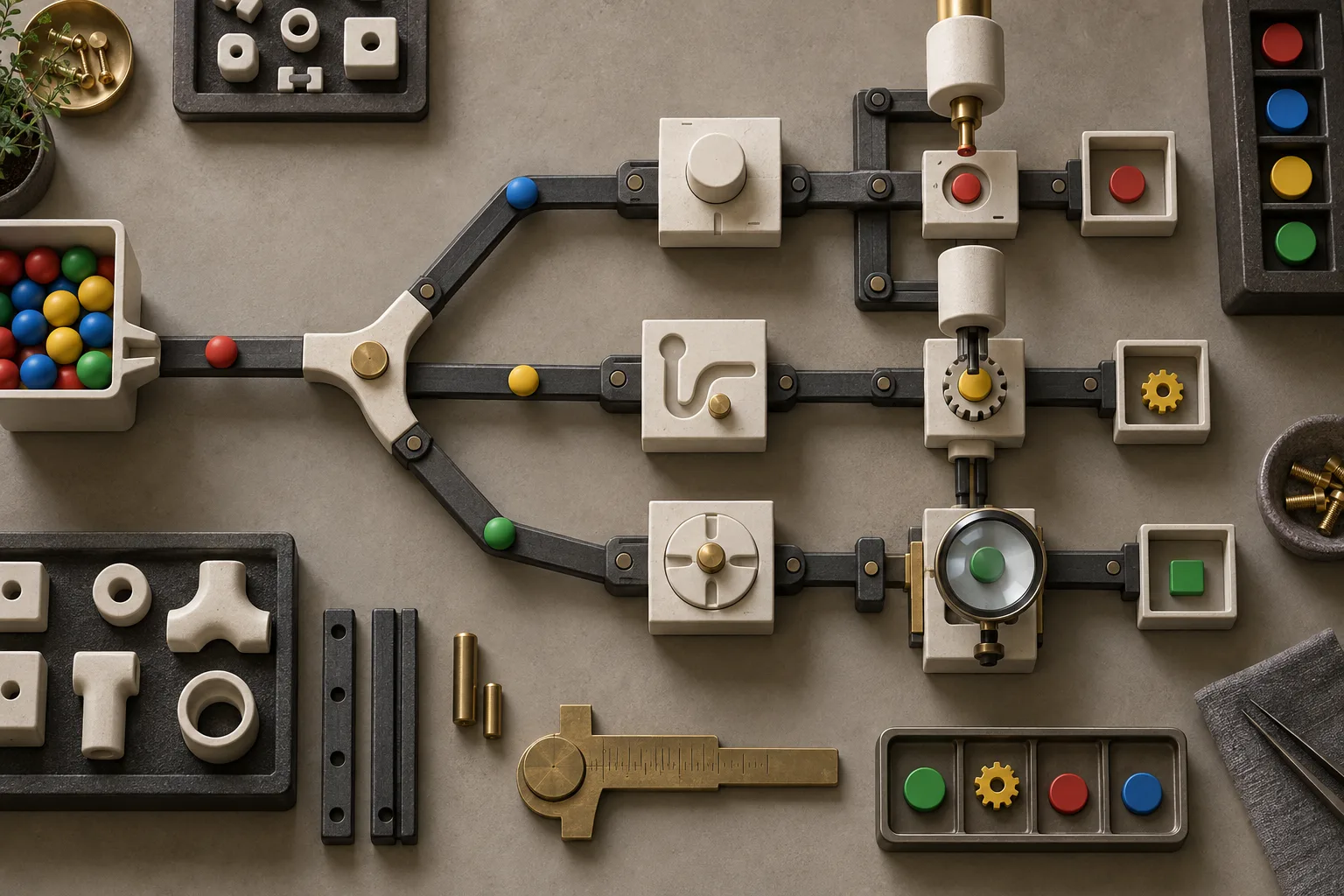 Generated editorial illustration. Agent Development Kit workflow composition illustrated as connected modular engineering stations.