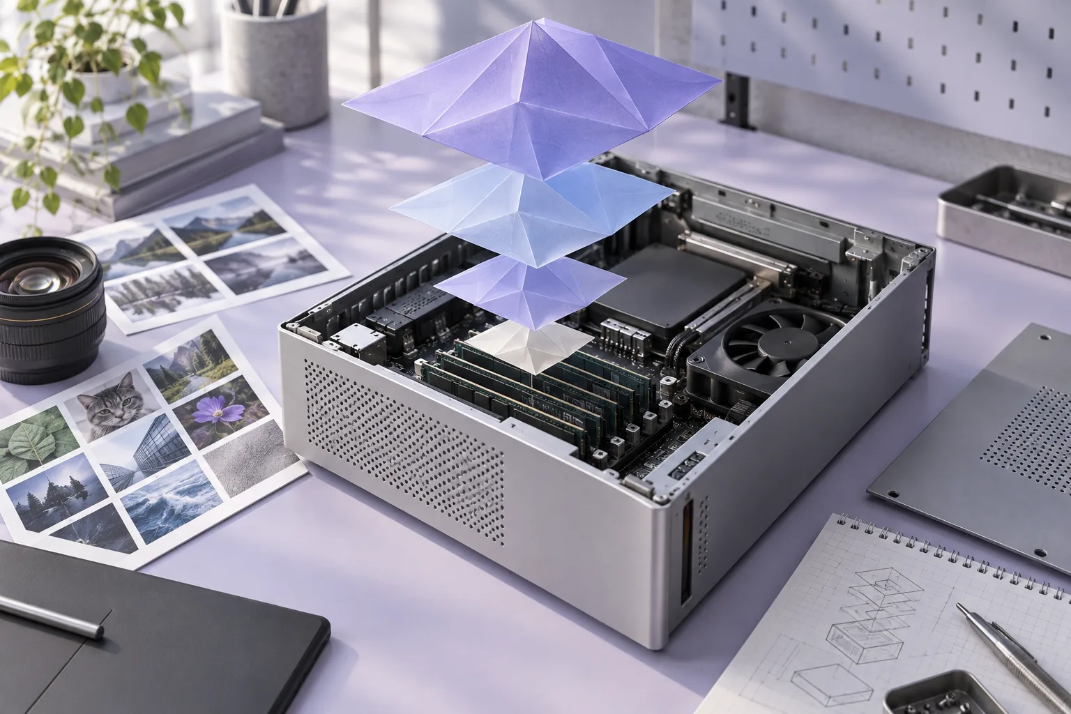 Generated editorial illustration. Local deployment of different-sized open models illustrated above a generic compact workstation.
