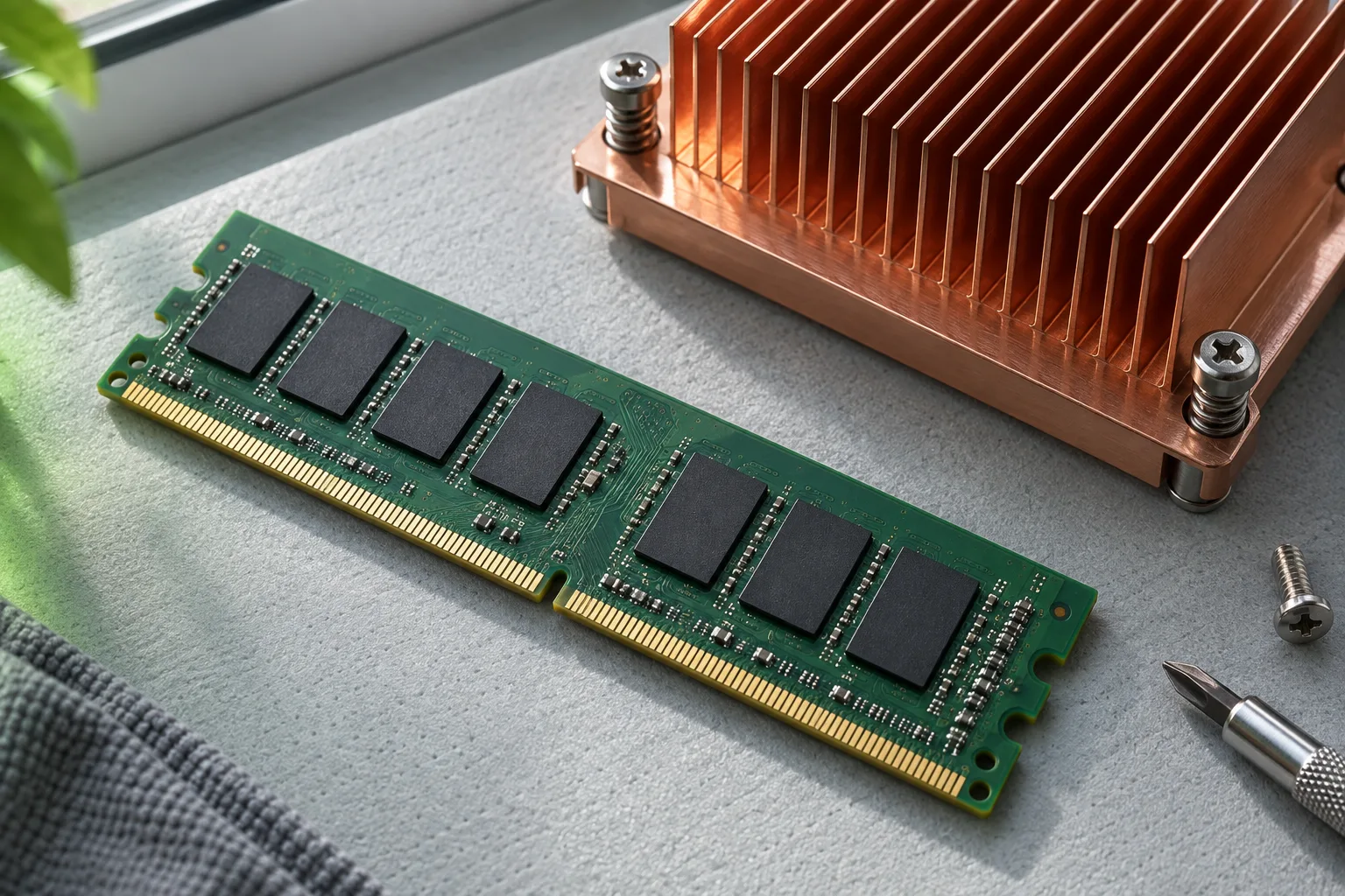 Generated illustration in a photography style: generic memory and cooling components; no measured capacity or hardware compatibility is implied.