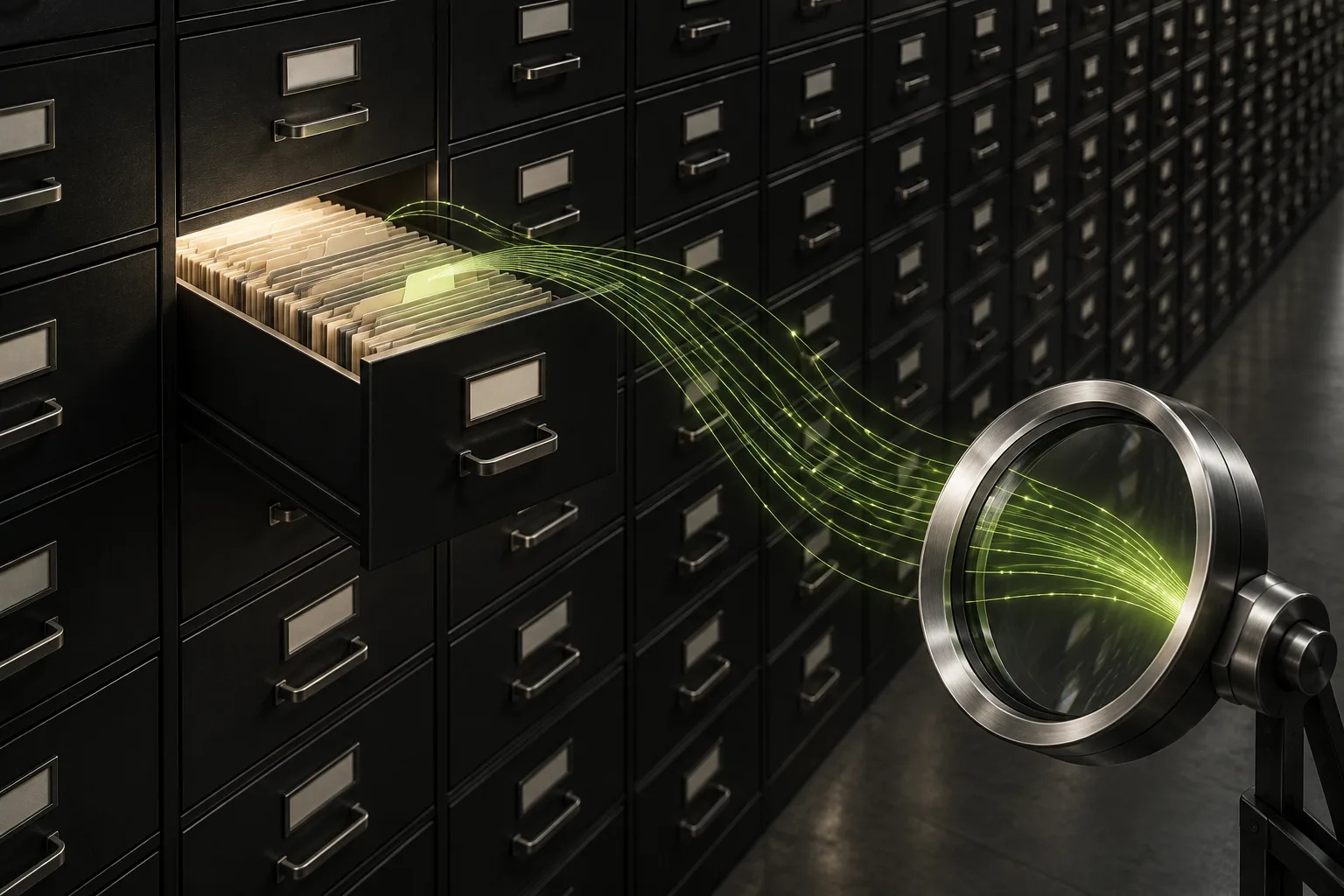 Generated editorial illustration. Enterprise data retrieval illustrated as a selected storage drawer connected to a retrieval lens.
