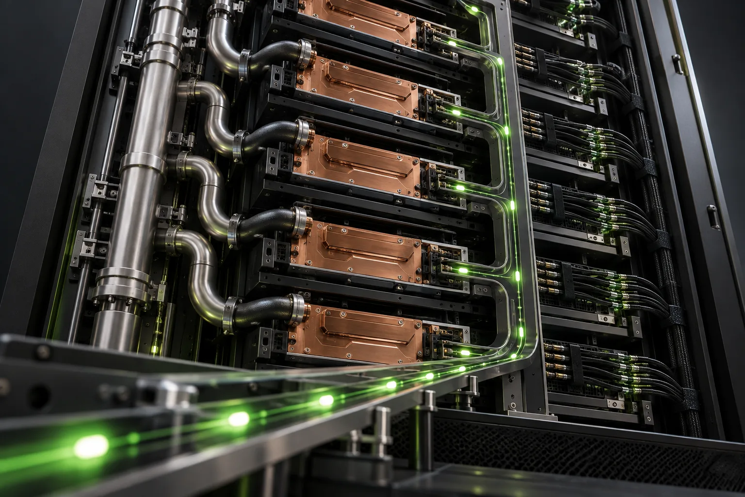 Generated editorial illustration. Inference scheduling illustrated with a generic liquid-cooled accelerator rack; not a depiction of actual Blackwell hardware.