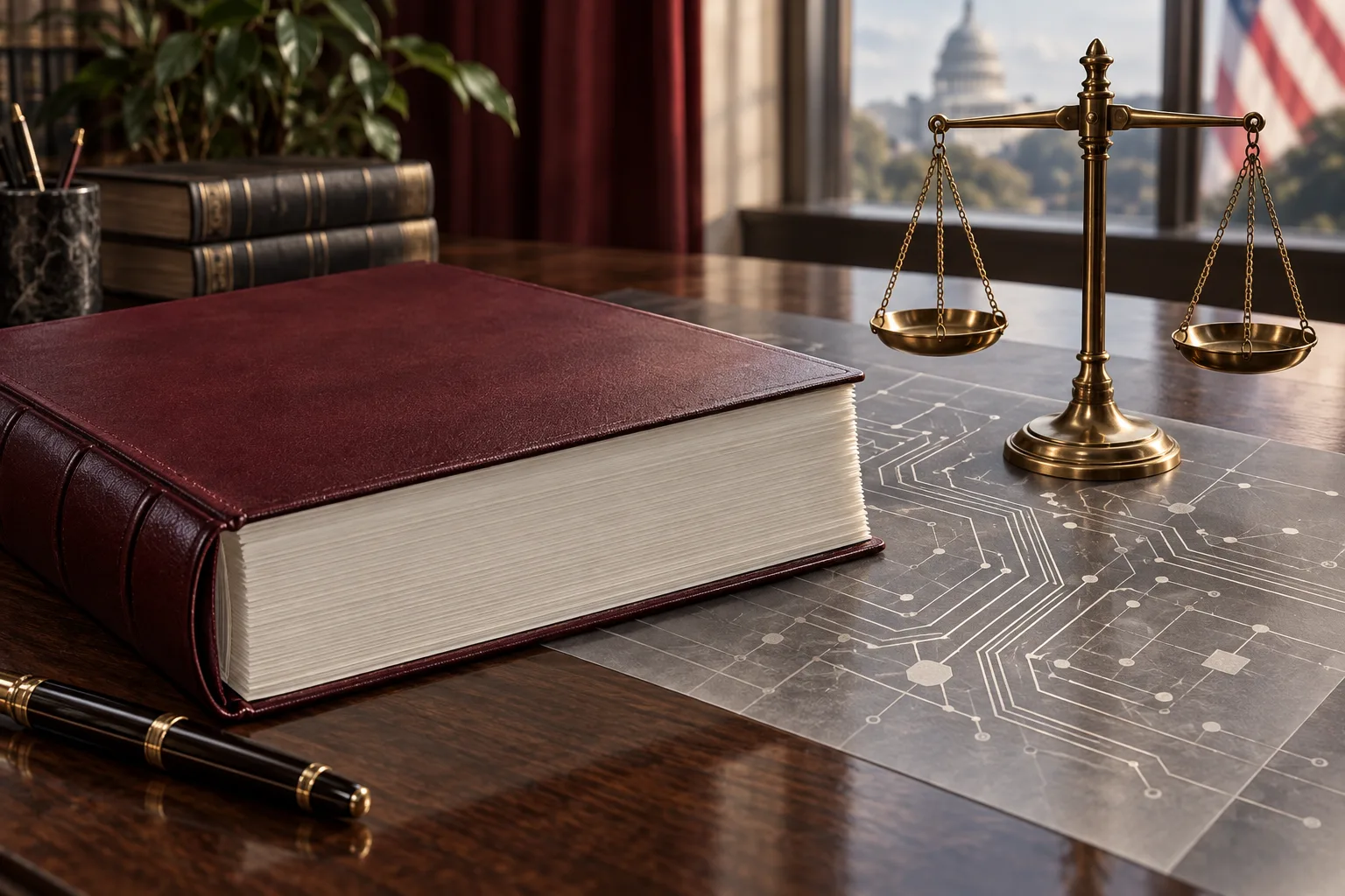 Generated editorial illustration. Federal AI governance illustrated with a memorandum, balanced scales and circuit drafting overlay; not an official document or event photograph.