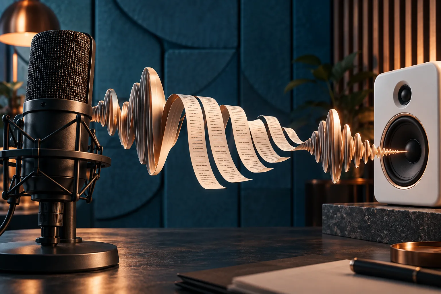 Generated editorial illustration. Speech recognition and synthesis illustrated by a microphone, transcript ribbon and speaker.