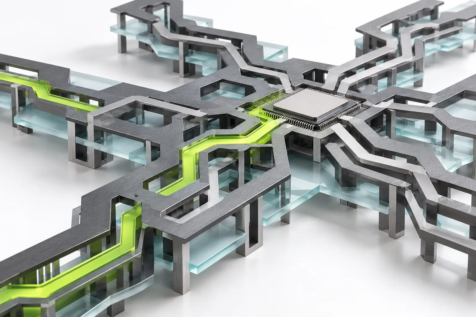 Generated illustration of branching reasoning paths through a layered model architecture.