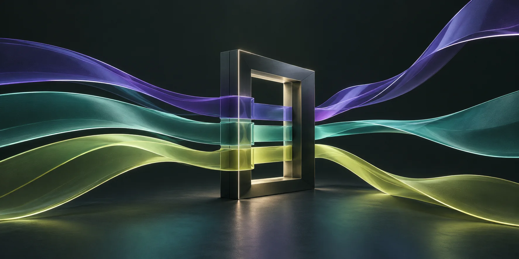 Generated editorial illustration: distinct violet, teal and chartreuse semantic paths pass through an open geometric frame; not a runtime demonstration.